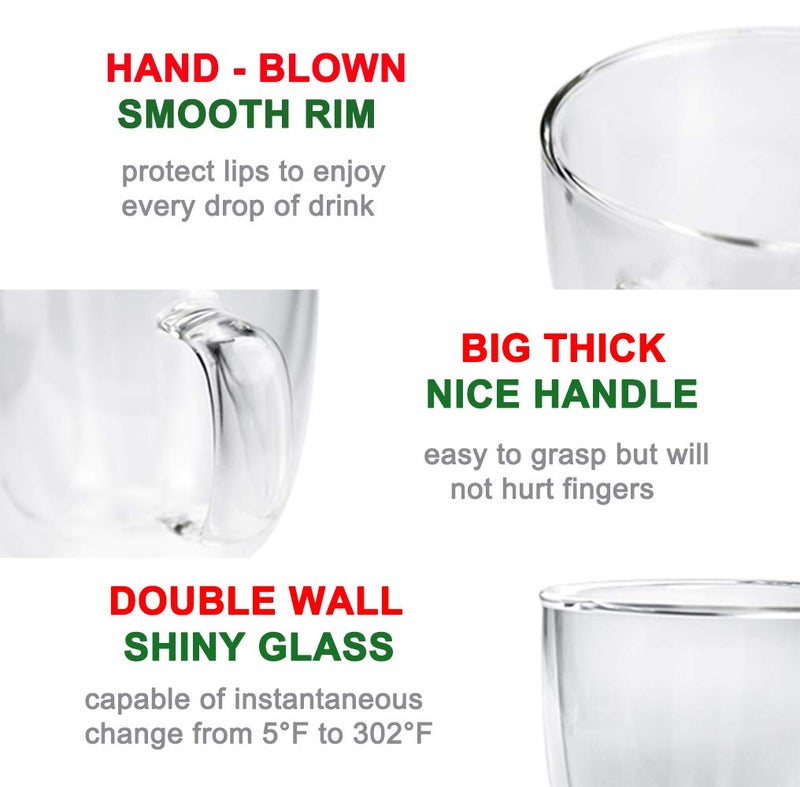 BothEarn Glass Coffee Mug Set of 2 - Double Wall Clear Espresso Cup with Large Handle, Great for Latte, Cappuccino and Juice, 19 Ounce (560 ml), BE026 - Image 4